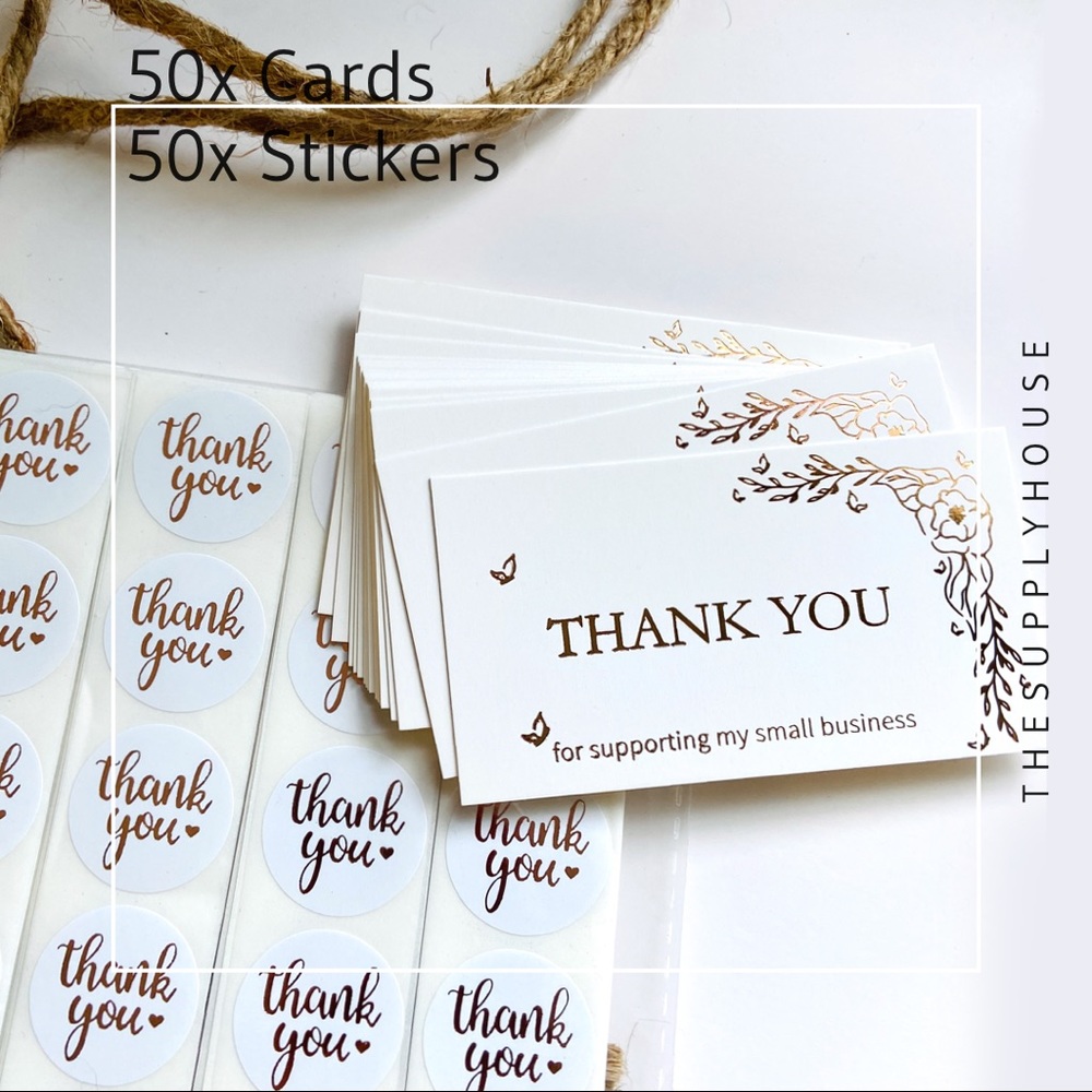 50x Cards & 50x Stickers Set. Rose Gold Thank You Cards Floral and Butterfly